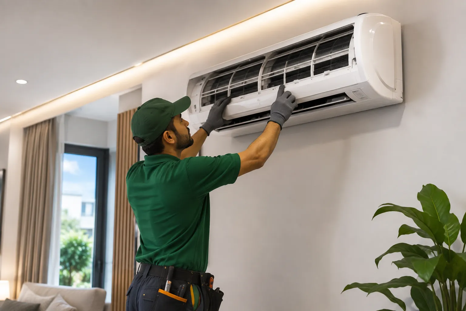 Rukin Al Yarmouk technician installing ducted AC system in UAE villa